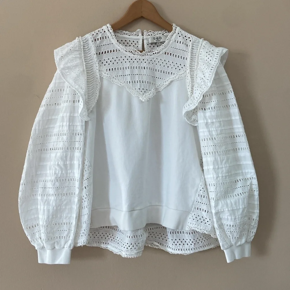 Sea New York White Eyelet Lace Paneled Blouse - Picture 8 of 16